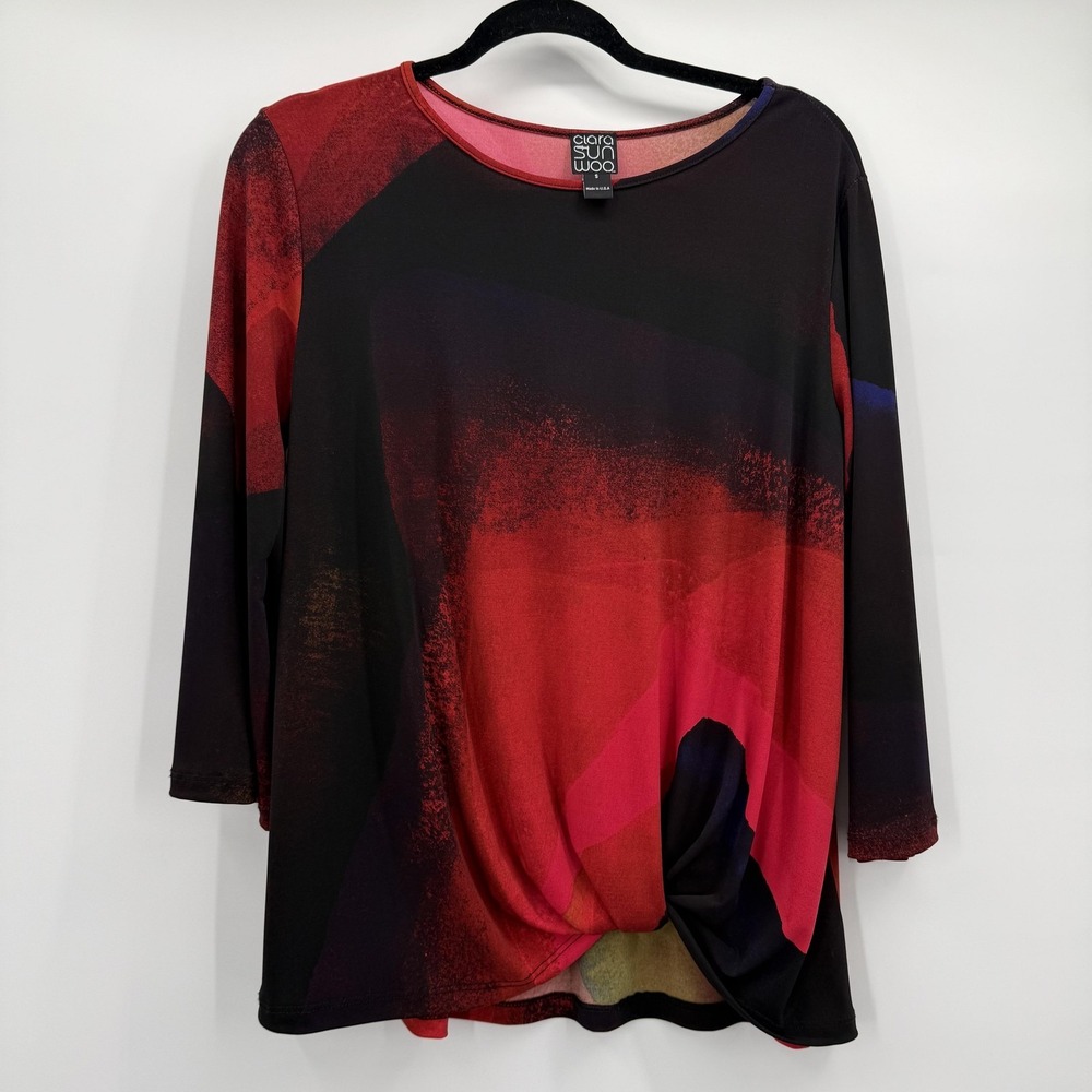 Clara Sunwoo Shirt Womens Medium Red Slinky Tunic Top Long Sleeve Stretch‎ Artsy
